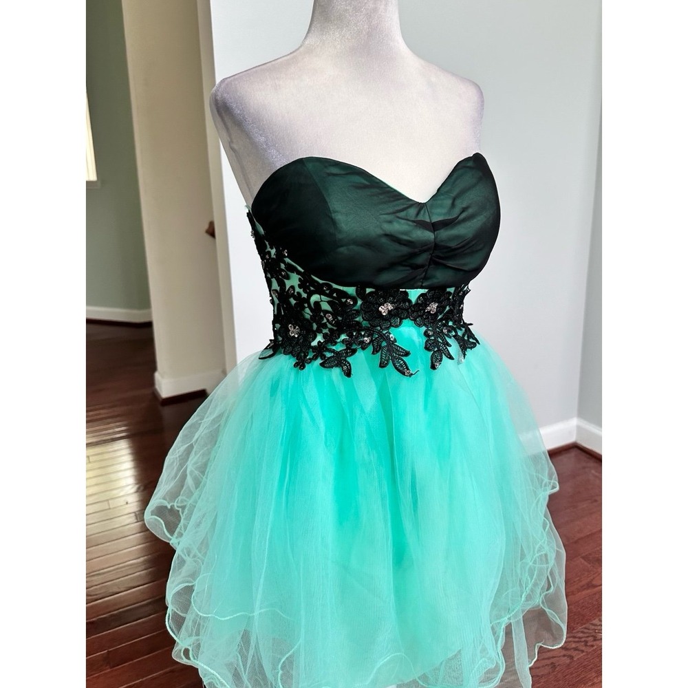 Custom Strapless Black Lace Mint Green Corset Back Cocktail Mini Dress Small - Picture 10 of 12